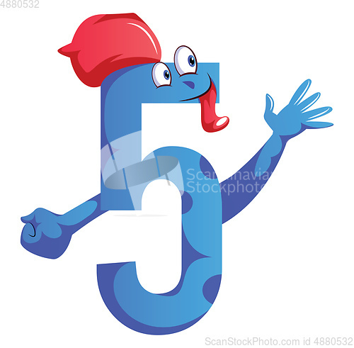 Image of Number five blue monster with a hat and showing five fingers ill