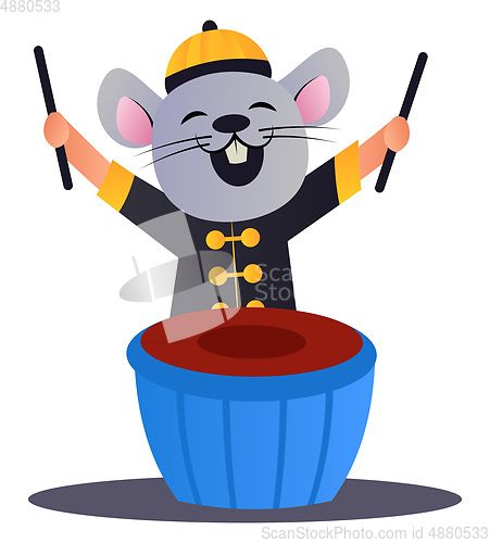 Image of Cartoon chinese mouse playing drums vector illustration on white