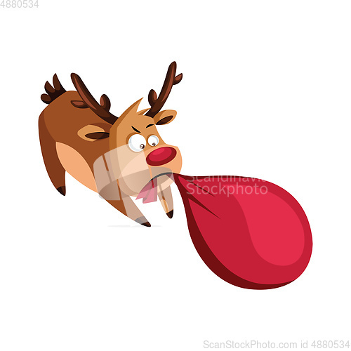 Image of Christmas deer pulling heavy bag with pressents vector illustrat