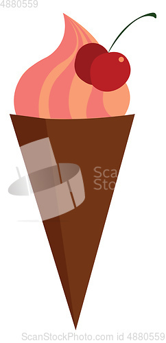 Image of Pink ice creame in cone with red cherry on top vector illustrati