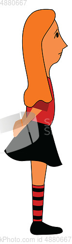 Image of Side portraite of a girl in red shirt black skirt and black and 
