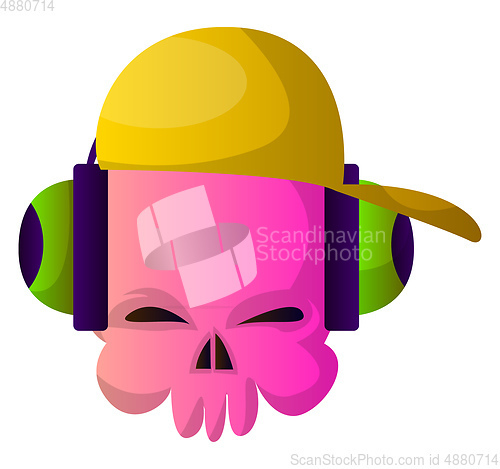 Image of Little pink cartoon skul with hat and headphones vector illustar