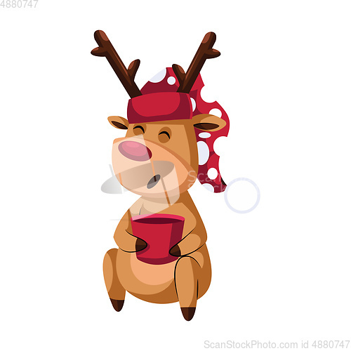 Image of Christmas deer with red hat and mug with tea vector illustration