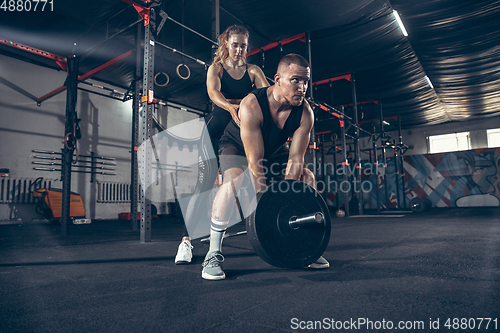 Image of Beautiful young sporty couple training, workout in gym together