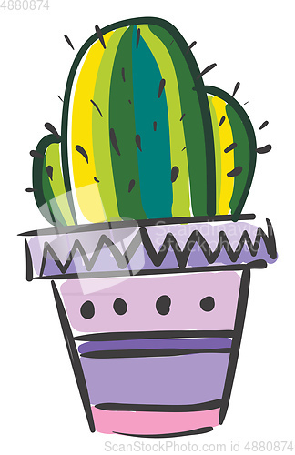 Image of A colorful painting of cactus plant in a bright flower pot vecto