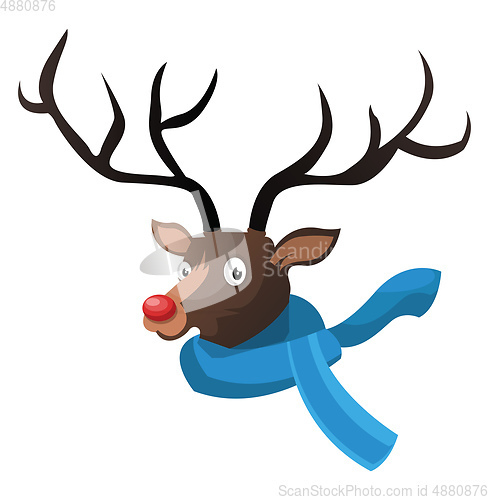 Image of Christmas deer with blue scarf vector illustration on a white ba