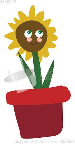 Image of Cartoon funny happy sunflower in a red pot vector or color illus