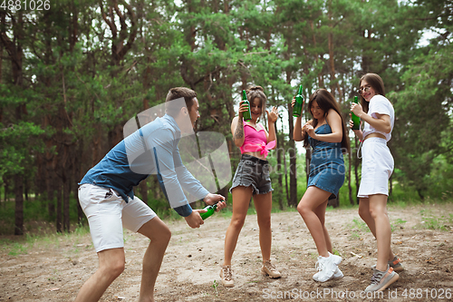 Image of Group of friends walking down together during picnic in summer forest. Lifestyle, friendship