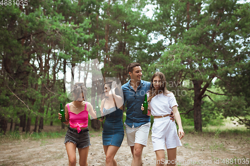 Image of Group of friends walking down together during picnic in summer forest. Lifestyle, friendship