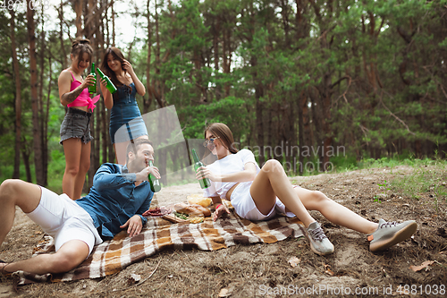 Image of Group of friends clinking beer bottles during picnic in summer forest. Lifestyle, friendship