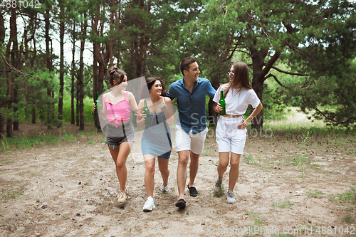 Image of Group of friends walking down together during picnic in summer forest. Lifestyle, friendship