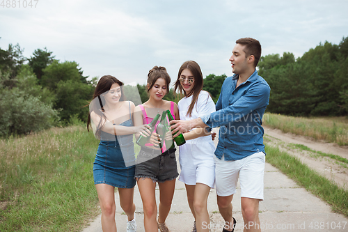 Image of Group of friends clinking beer bottles during picnic in summer forest. Lifestyle, friendship