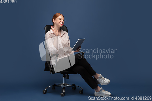 Image of Young caucasian woman in casual wear. Bodypositive female character, plus size businesswoman