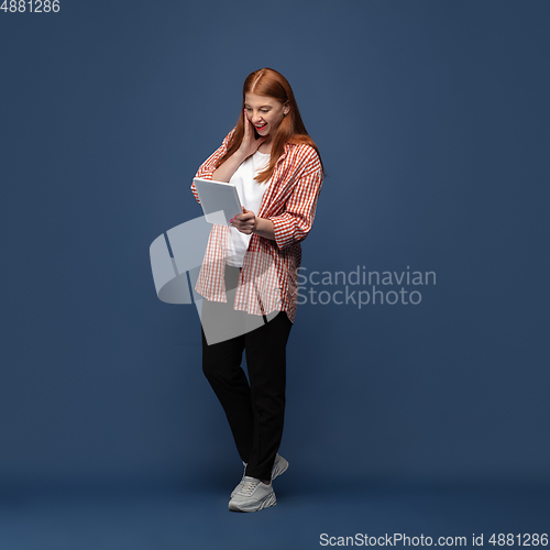 Image of Young caucasian woman in casual wear. Bodypositive female character, plus size businesswoman