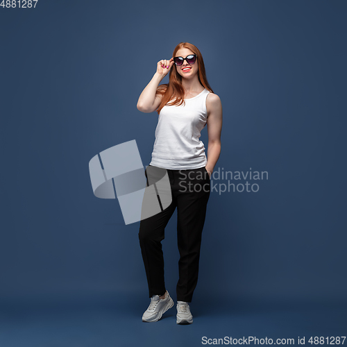 Image of Young caucasian woman in casual wear. Bodypositive female character, plus size businesswoman