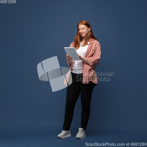 Image of Young caucasian woman in casual wear. Bodypositive female character, plus size businesswoman