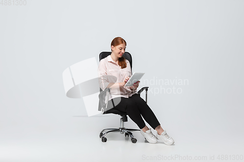 Image of Young caucasian woman in casual wear. Bodypositive female character, plus size businesswoman