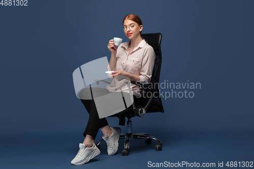 Image of Young caucasian woman in casual wear. Bodypositive female character, plus size businesswoman