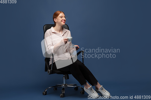 Image of Young caucasian woman in casual wear. Bodypositive female character, plus size businesswoman