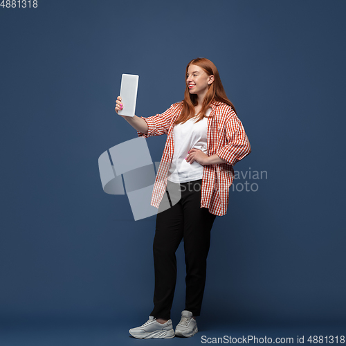 Image of Young caucasian woman in casual wear. Bodypositive female character, plus size businesswoman