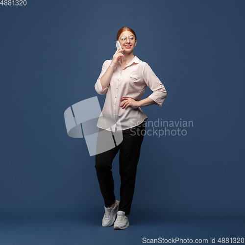 Image of Young caucasian woman in casual wear. Bodypositive female character, plus size businesswoman