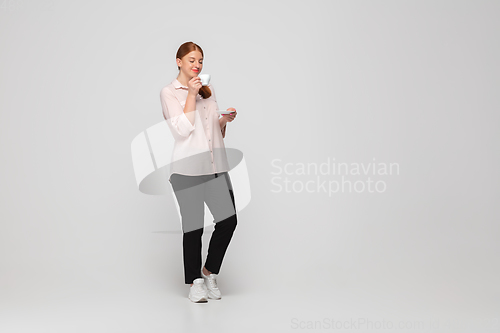 Image of Young caucasian woman in casual wear. Bodypositive female character, plus size businesswoman
