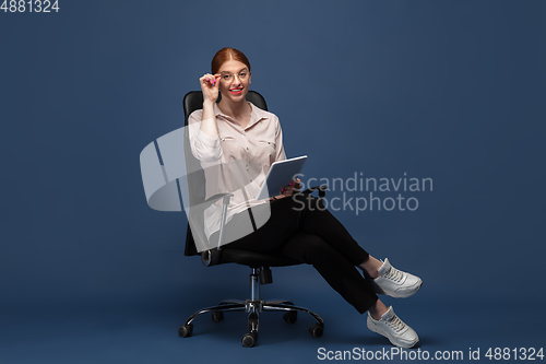 Image of Young caucasian woman in casual wear. Bodypositive female character, plus size businesswoman