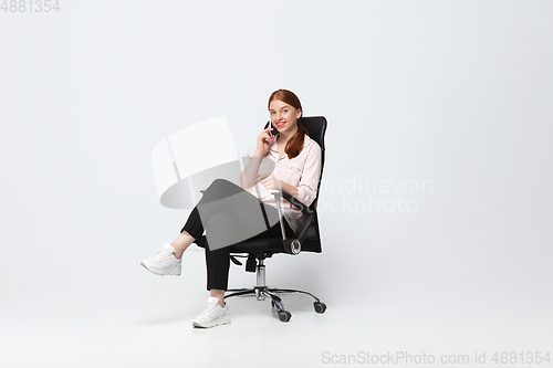 Image of Young caucasian woman in casual wear. Bodypositive female character, plus size businesswoman