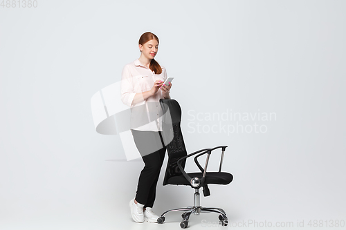 Image of Young caucasian woman in casual wear. Bodypositive female character, plus size businesswoman