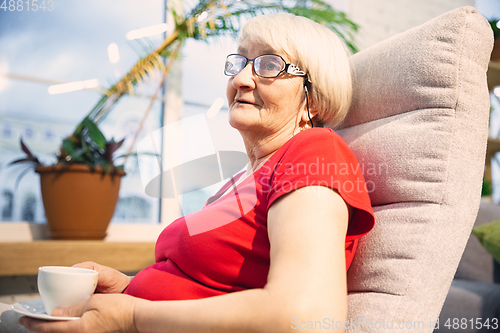 Image of Mature woman spending time being quarantined - caucasian woman using modern gadgets, drinking tea