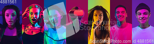 Image of Portrait of people on multicolored studio background, creative collage