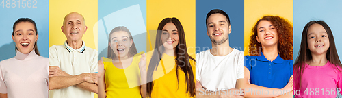 Image of Portrait of caucasian people on multicolored background, creative collage