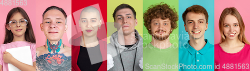 Image of Portrait of caucasian people on multicolored background, creative collage
