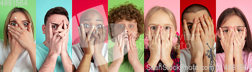 Image of Portrait of caucasian people on multicolored background, creative collage