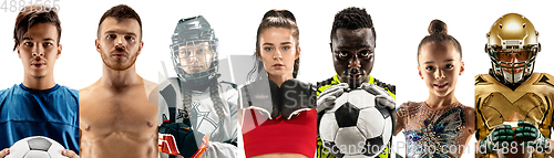 Image of Portrait of athletes on white studio background, creative collage