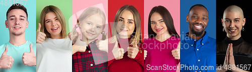 Image of Portrait of caucasian people on multicolored background, creative collage