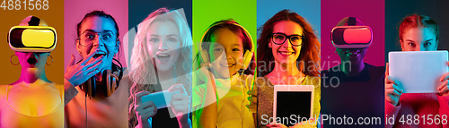 Image of Portrait of people on multicolored background in neon light, creative collage