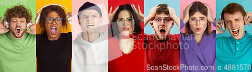 Image of Portrait of people on multicolored background, creative collage