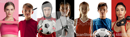 Image of Portrait of athletes on white studio background, creative collage