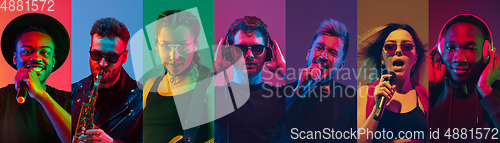 Image of Portrait of people on multicolored studio background, creative collage