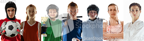 Image of Portrait of athletes on white studio background, creative collage