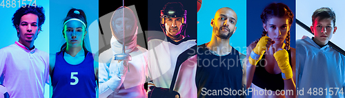 Image of Portrait of athletes on multicolored background in neon light, creative collage