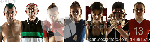 Image of Portrait of athletes on white studio background, creative collage