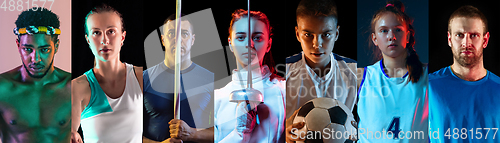 Image of Portrait of athletes on multicolored background in neon light, creative collage