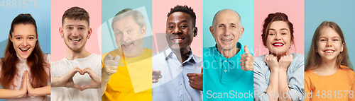 Image of Portrait of caucasian people on multicolored background, creative collage
