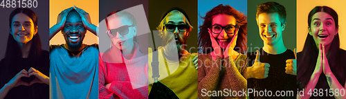 Image of Portrait of people on multicolored studio background, creative collage