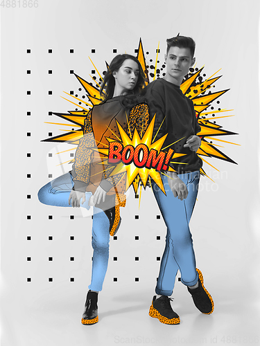 Image of Casual young stylish couple on white background with colourful art drawings in comics style