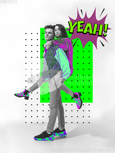 Image of Casual young stylish couple on white background with colourful art drawings in comics style