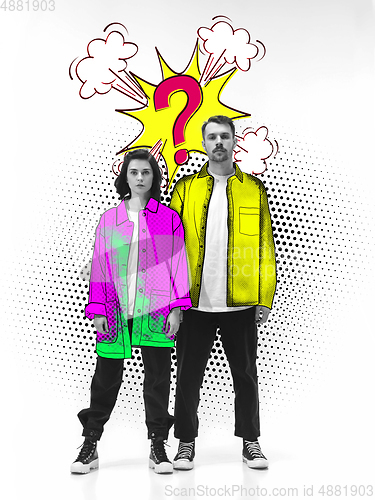 Image of Casual young stylish couple on white background with colourful art drawings in comics style