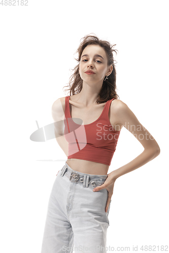 Image of Portrait of beautiful young woman isolated on white studio background. Concept of beauty, skin care, fashion and style
